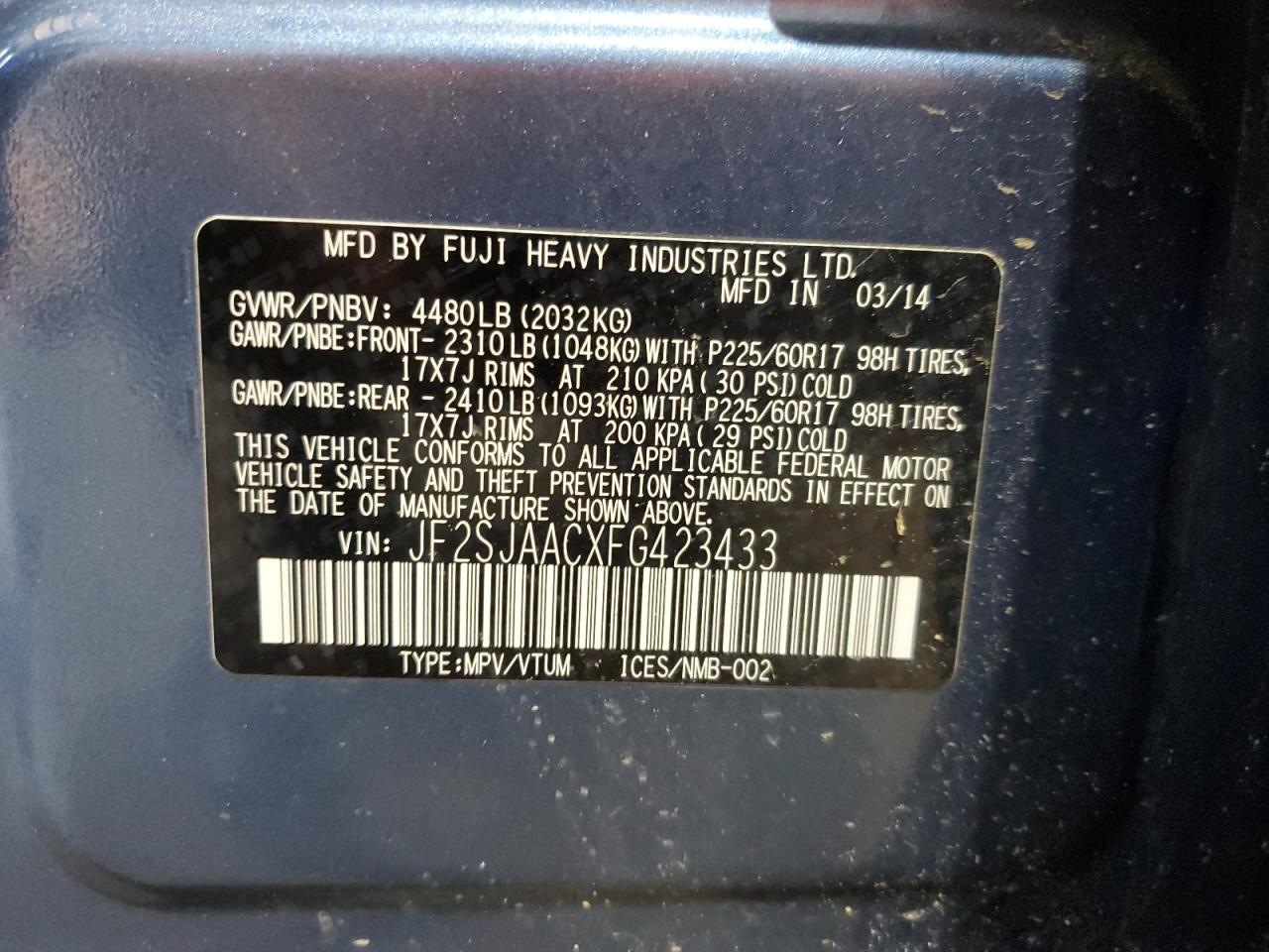 jf2sjaacxfg423433 JF2SJAACXFG423433 2015 Subaru Forester 2.5I