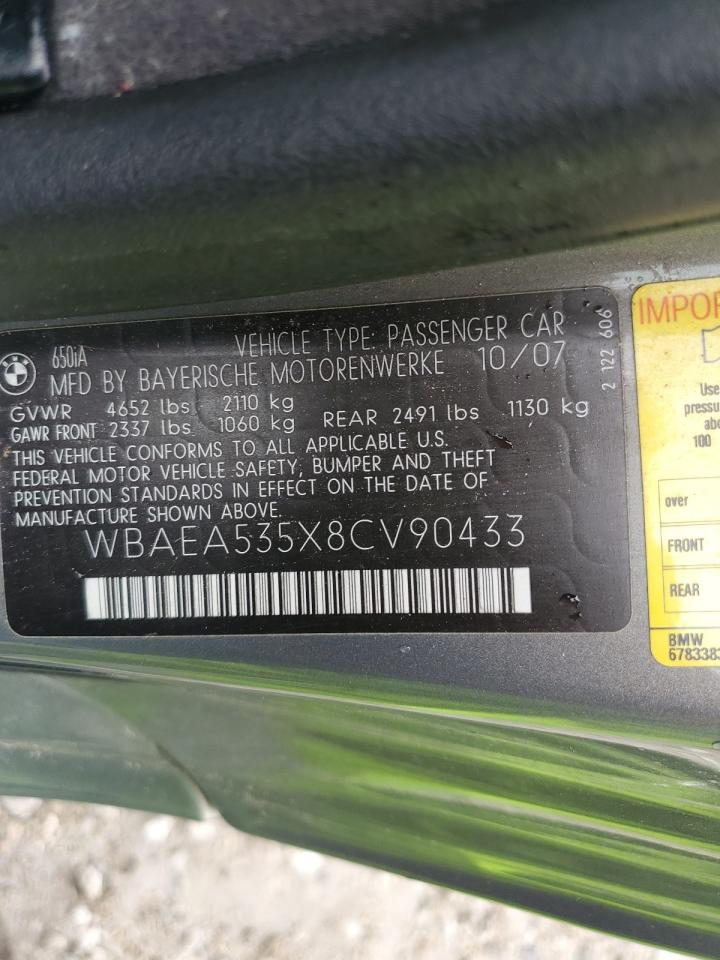 2008 BMW 650 I VIN: WBAEA535X8CV90433 Lot: 63468615