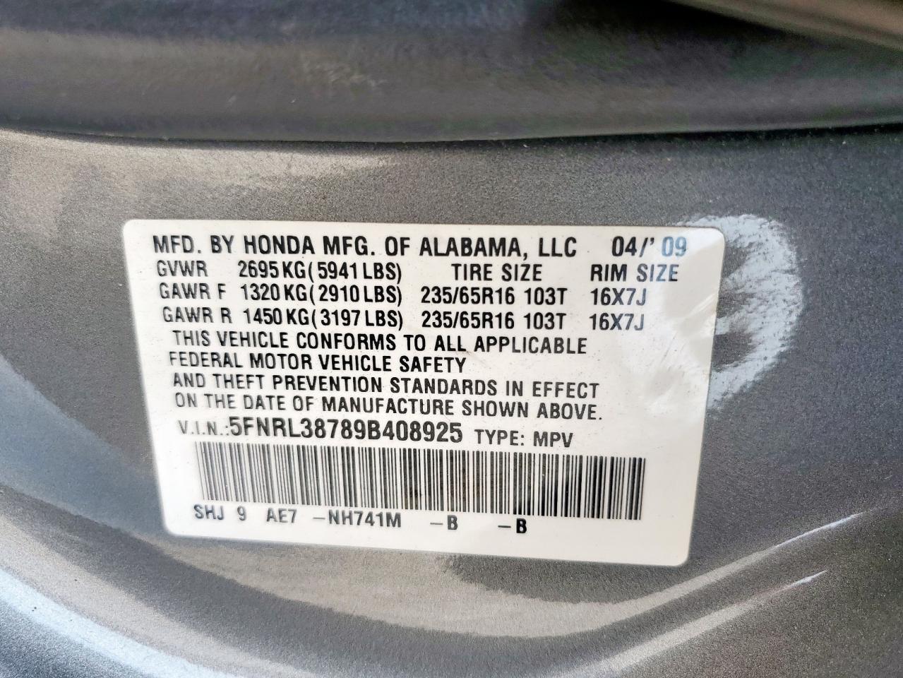 2009 Honda Odyssey Exl VIN: 5FNRL38789B408925 Lot: 63500755