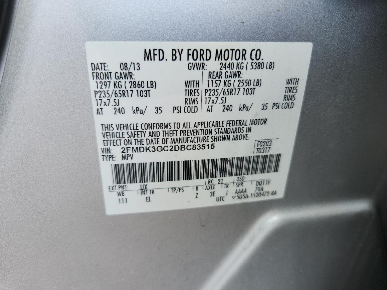 2013 Ford Edge Se VIN: 2FMDK3GC2DBC83515 Lot: 65139285