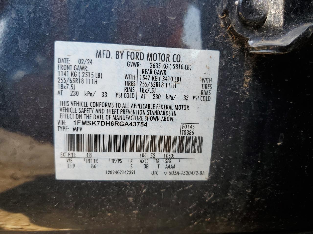 2024 Ford Explorer Xlt VIN: 1FMSK7DH6RGA43754 Lot: 64959235