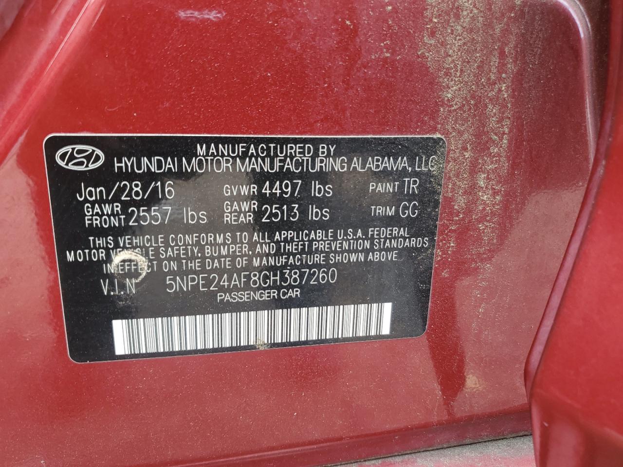 2016 Hyundai Sonata Se VIN: 5NPE24AF8GH387260 Lot: 64303965