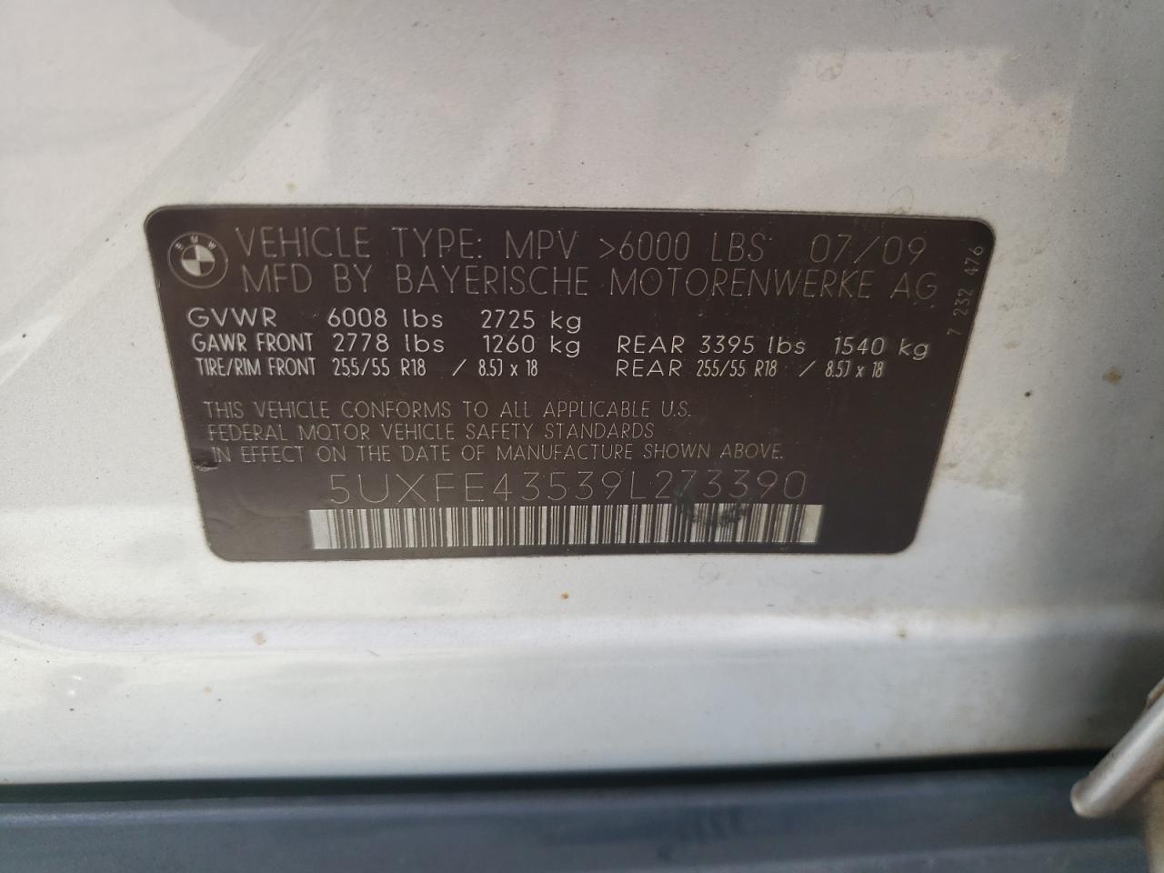 2009 BMW X5 xDrive30I VIN: 5UXFE43539L273390 Lot: 64048355