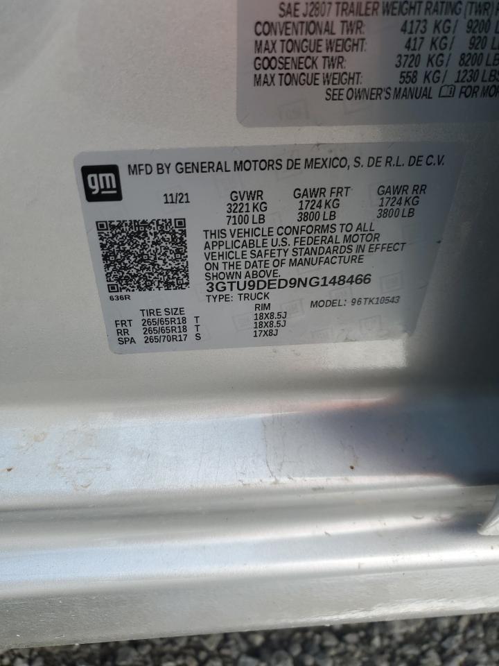 2022 GMC Sierra Limited K1500 Slt VIN: 3GTU9DED9NG148466 Lot: 63624005