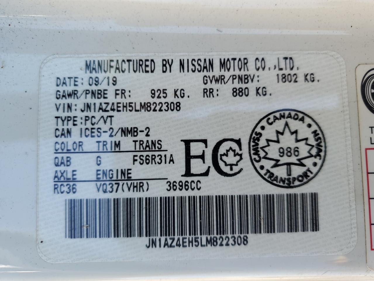 2020 Nissan 370Z Base VIN: JN1AZ4EH5LM822308 Lot: 64829995