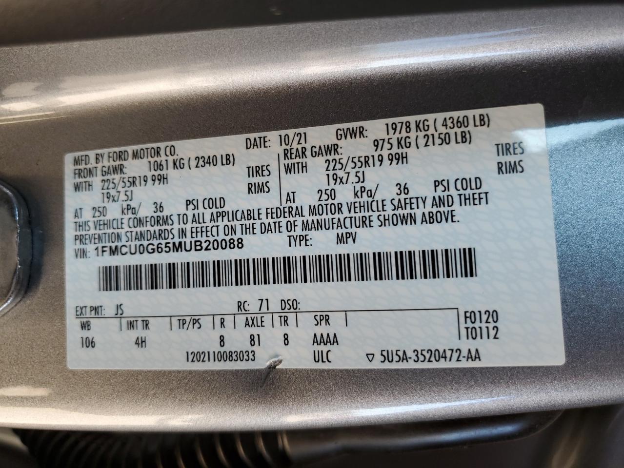 2021 Ford Escape Se VIN: 1FMCU0G65MUB20088 Lot: 64251465