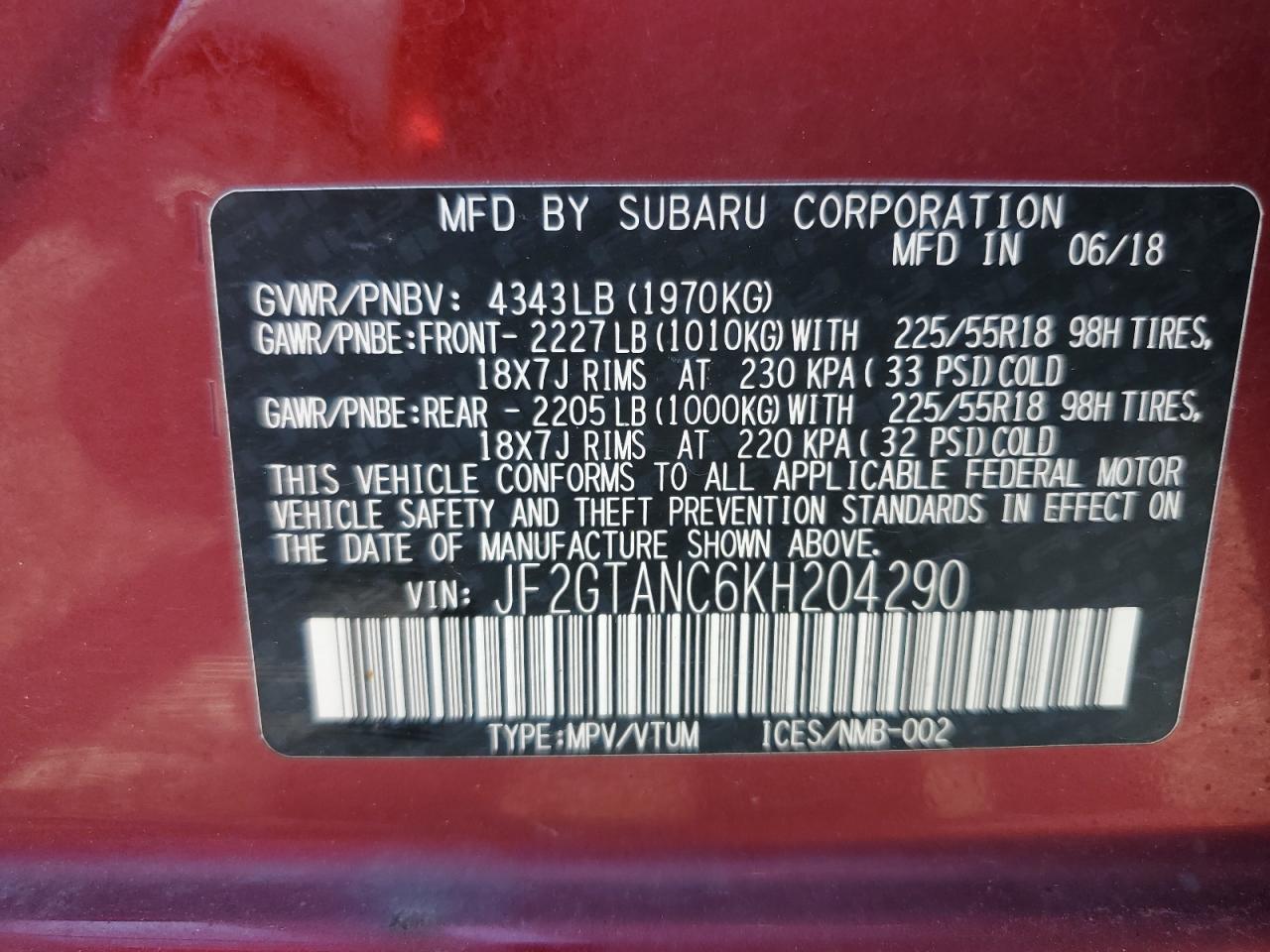 2019 Subaru Crosstrek Limited VIN: JF2GTANC6KH204290 Lot: 64563905