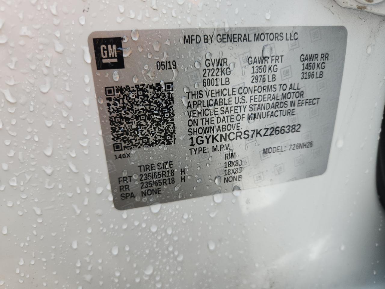 2019 Cadillac Xt5 Luxury VIN: 1GYKNCRS7KZ266382 Lot: 63660795