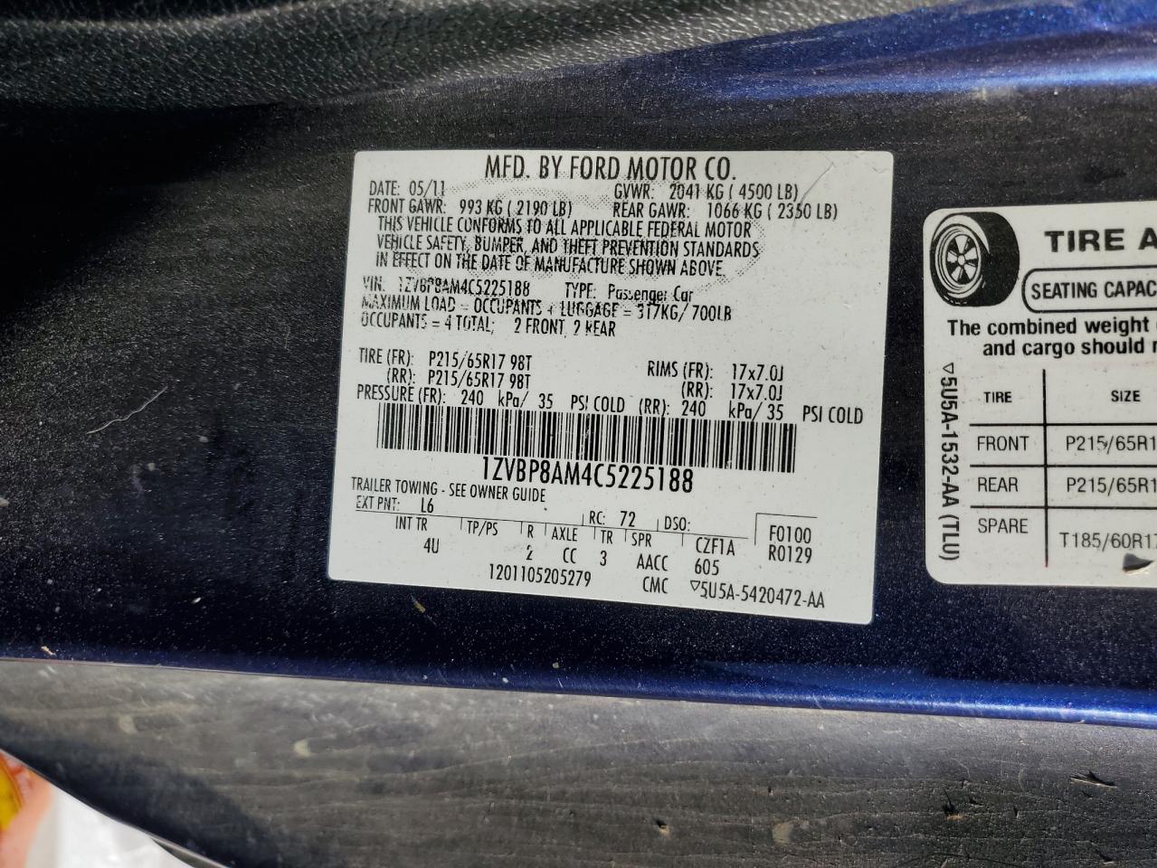 2012 Ford Mustang VIN: 1ZVBP8AM4C5225188 Lot: 65461265