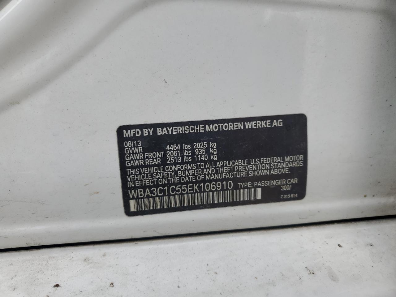 2014 BMW 328 I Sulev VIN: WBA3C1C55EK106910 Lot: 65017595