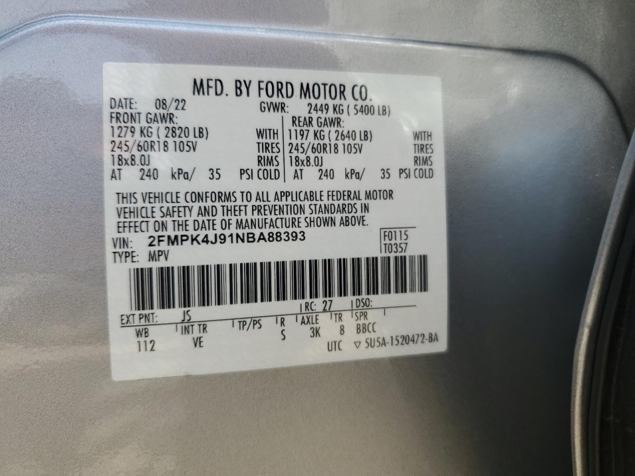 2022 Ford Edge Sel VIN: 2FMPK4J91NBA88393 Lot: 65312835
