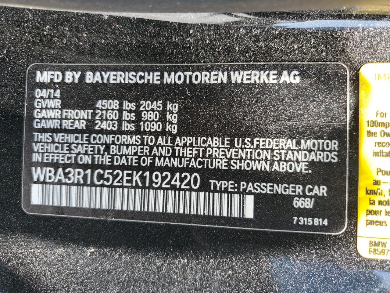 2014 BMW 435 I VIN: WBA3R1C52EK192420 Lot: 65425995