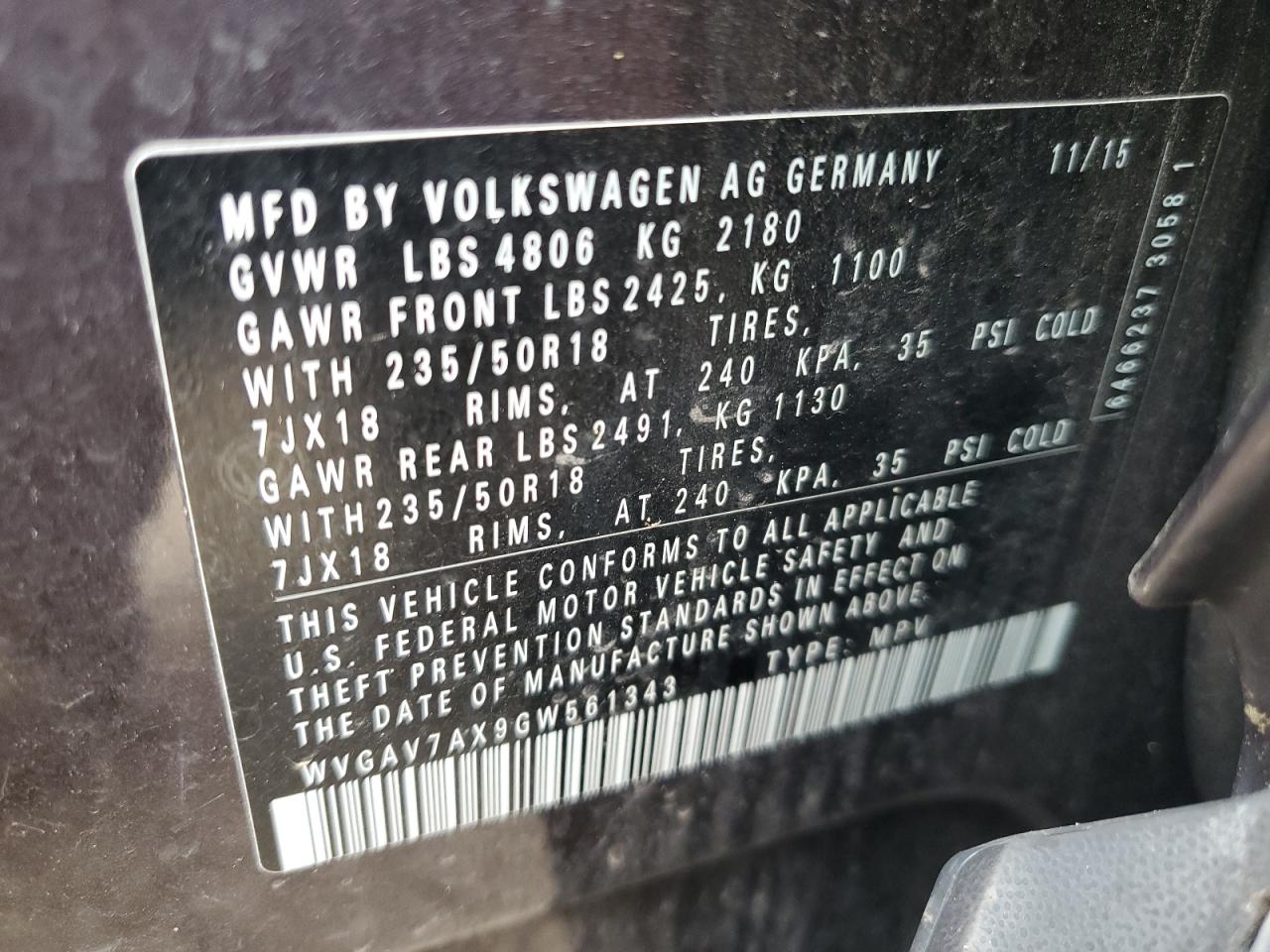 2016 Volkswagen Tiguan S VIN: WVGAV7AX9GW561343 Lot: 66172965