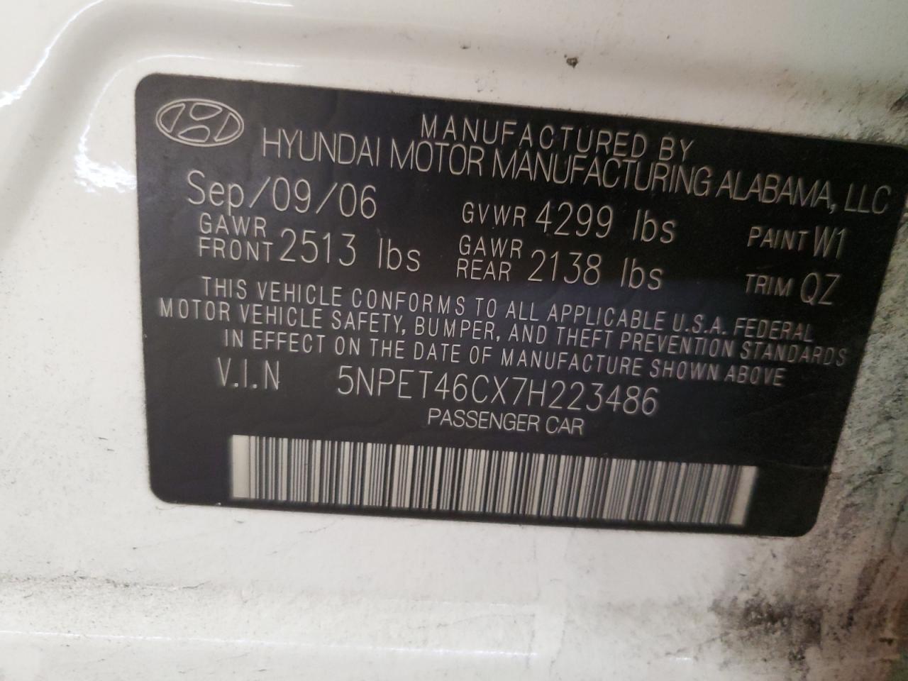 5npet46cx7h223486 5NPET46CX7H223486 2007 Hyundai Sonata Gls