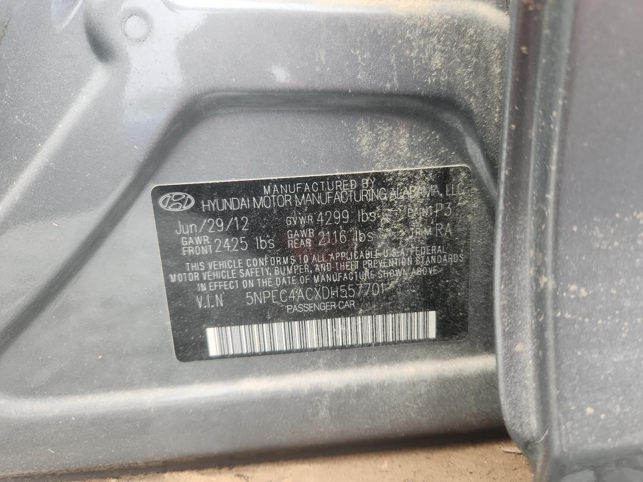 2013 Hyundai Sonata Se VIN: 5NPEC4ACXDH557701 Lot: 64010815