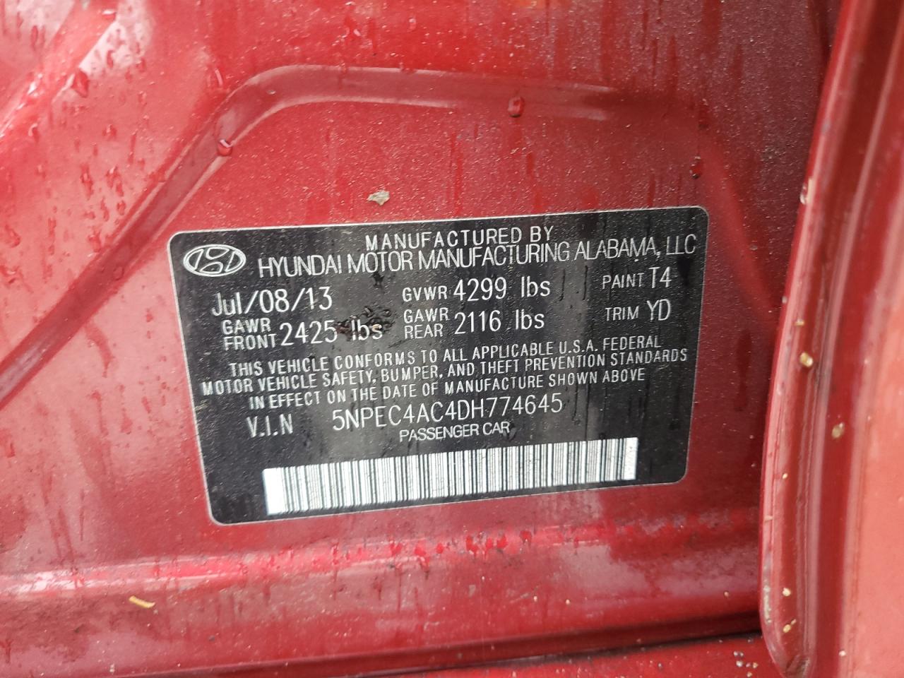 2013 Hyundai Sonata Se VIN: 5NPEC4AC4DH774645 Lot: 64441665