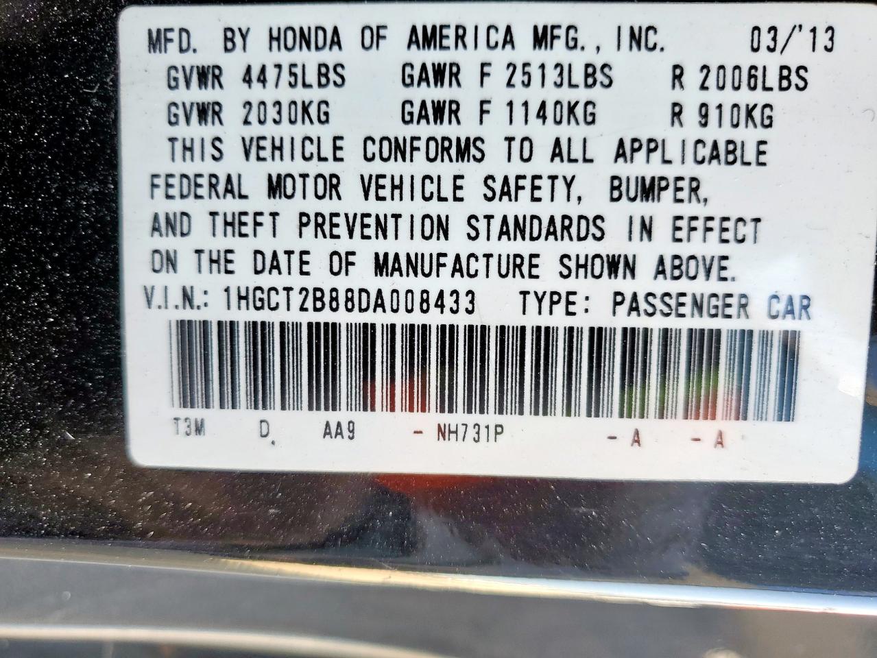 2013 Honda Accord Exl VIN: 1HGCT2B88DA008433 Lot: 64467575