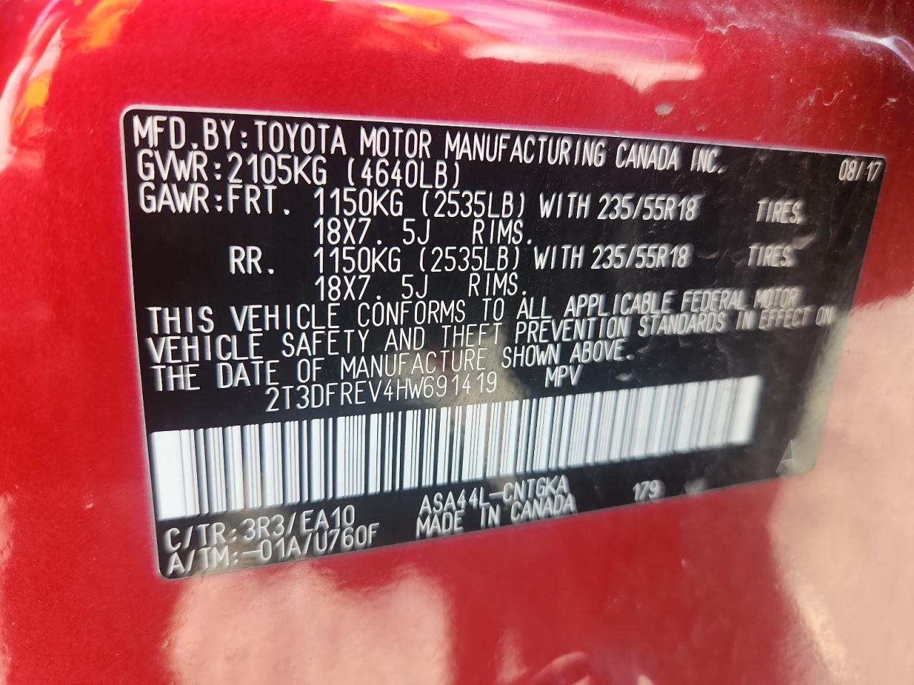 2017 Toyota Rav4 Limited VIN: 2T3DFREV4HW691419 Lot: 63410575
