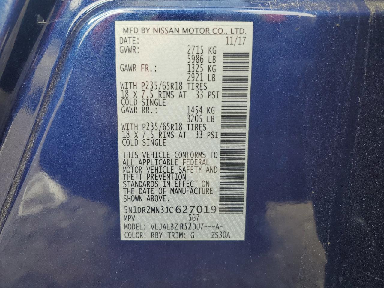 2018 Nissan Pathfinder S VIN: 5N1DR2MN3JC627019 Lot: 64655275