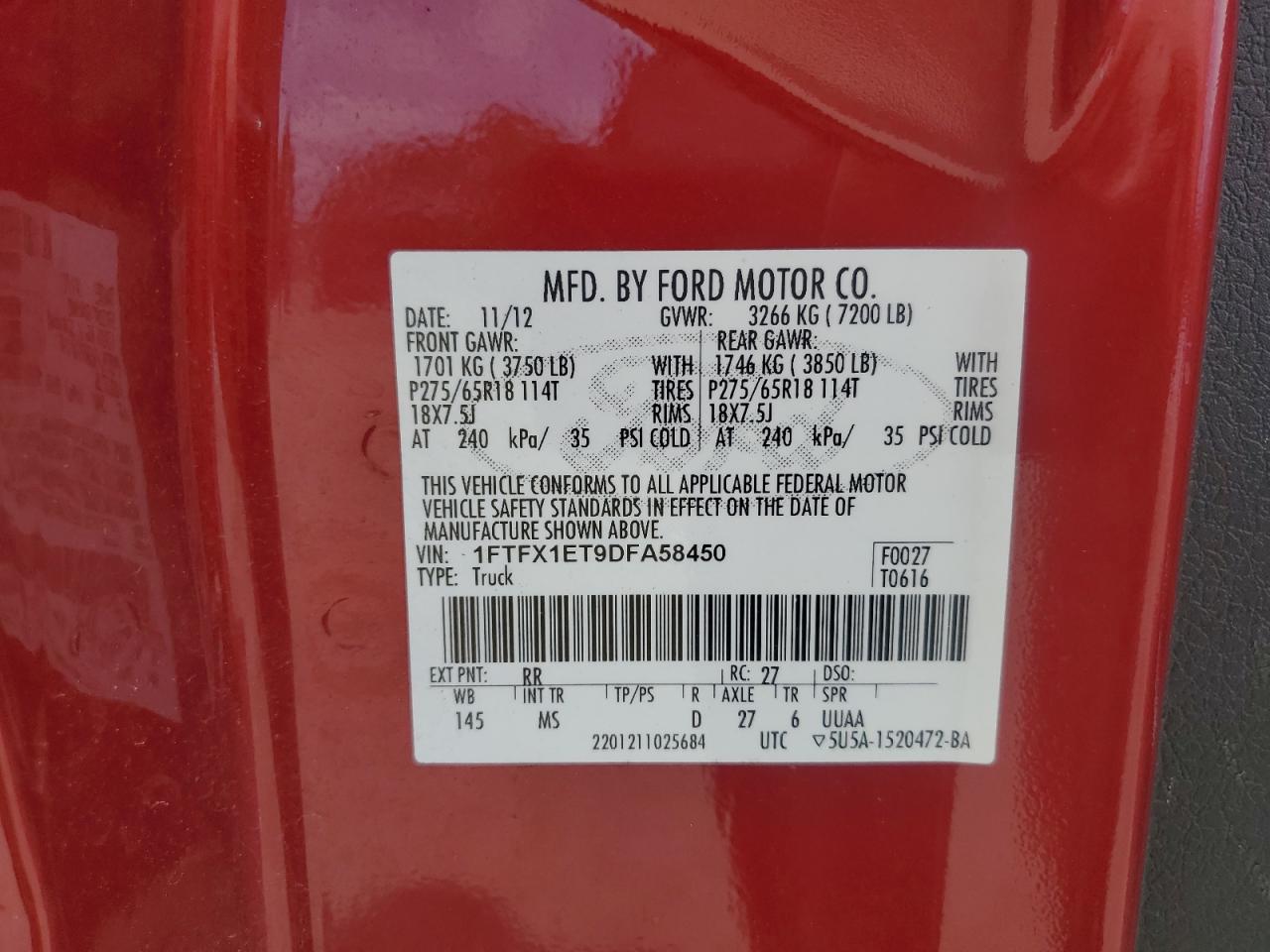 2013 Ford F150 Super Cab VIN: 1FTFX1ET9DFA58450 Lot: 63923355