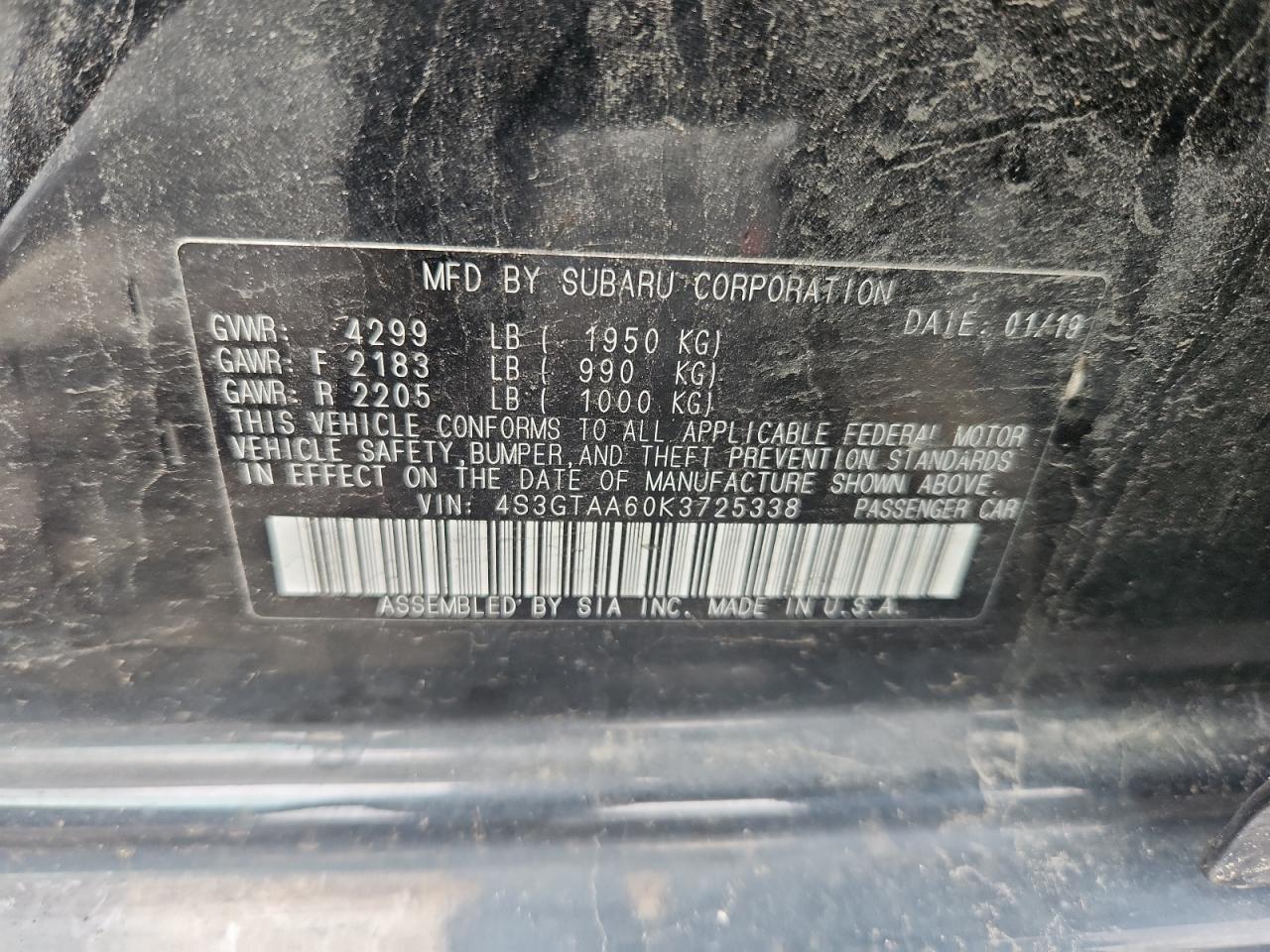 2019 Subaru Impreza VIN: 4S3GTAA60K3725338 Lot: 64000695