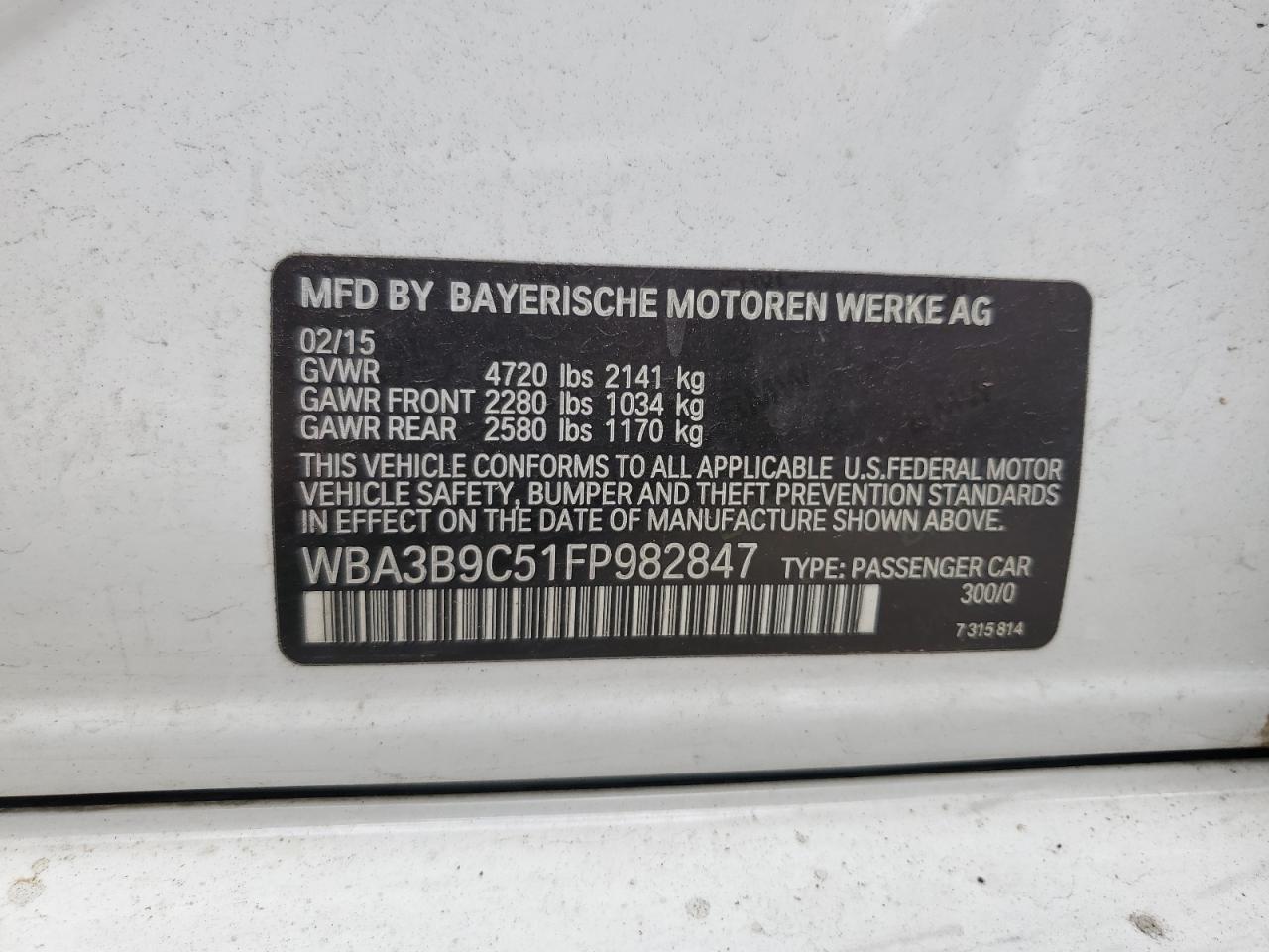 2015 BMW 335 Xi VIN: WBA3B9C51FP982847 Lot: 63790055