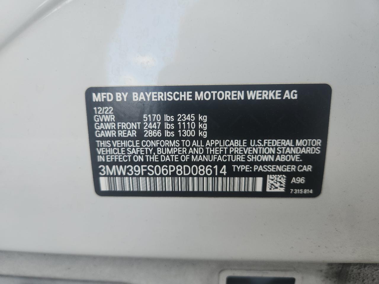 2023 BMW 330Xe VIN: 3MW39FS06P8D08614 Lot: 65201655