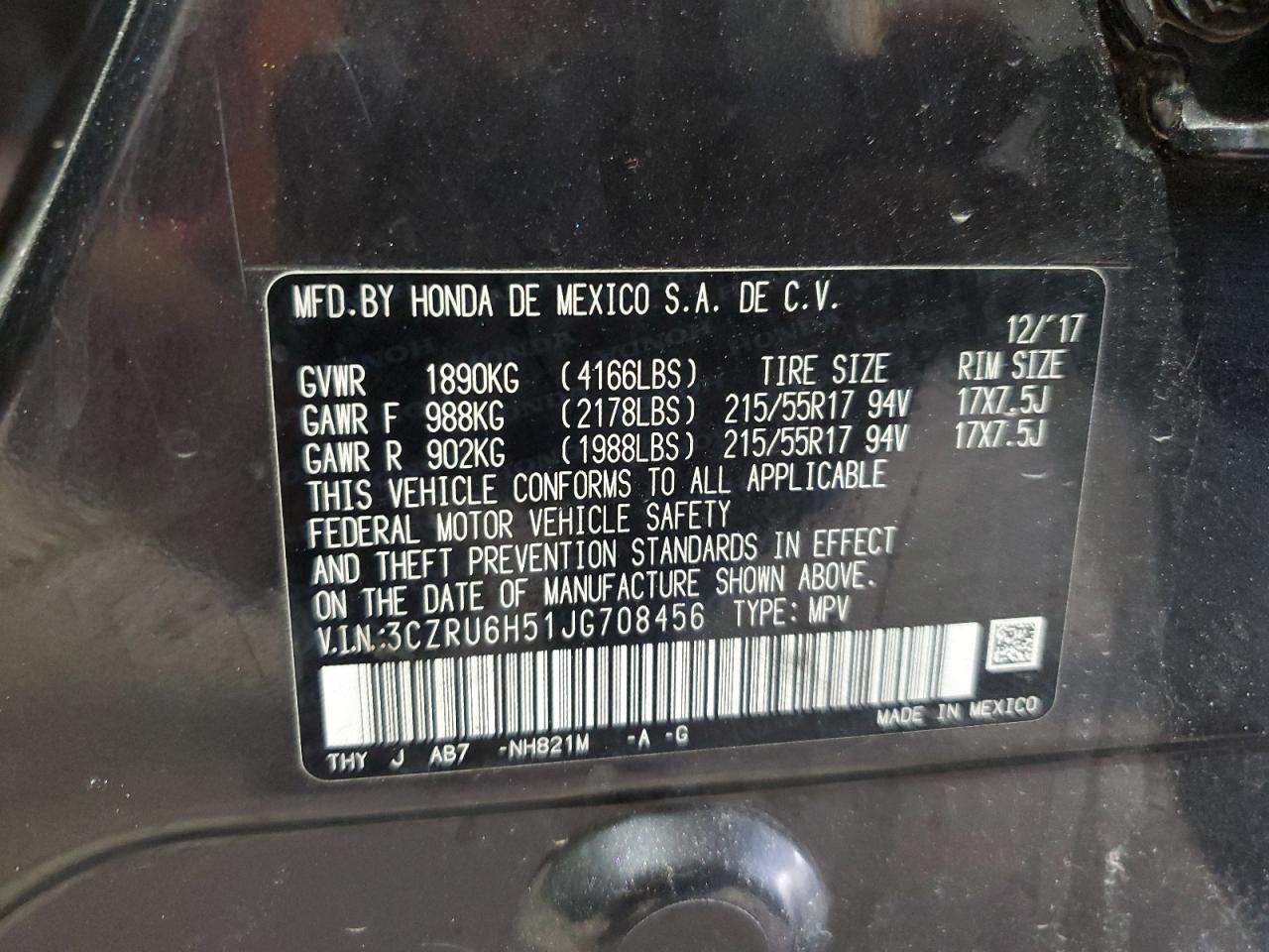 2018 Honda Hr-V Ex VIN: 3CZRU6H51JG708456 Lot: 65949125