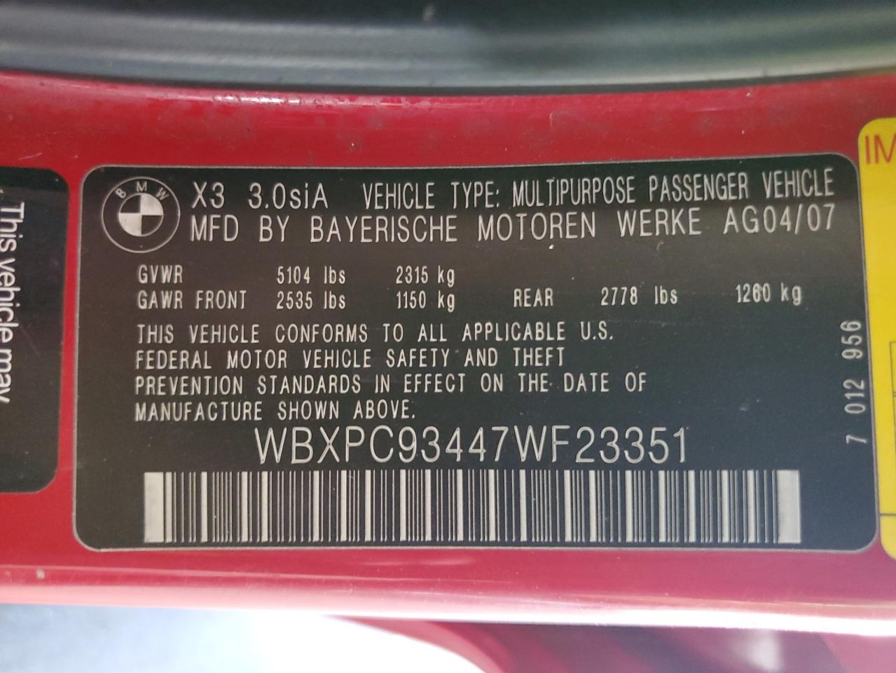 2007 BMW X3 3.0Si VIN: WBXPC93447WF23351 Lot: 64877595