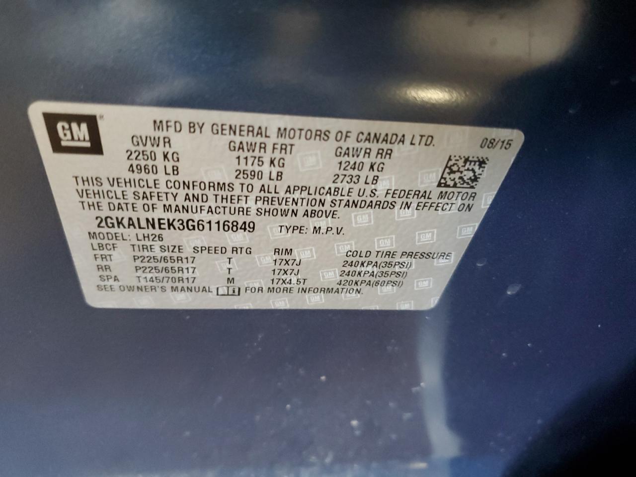 2016 GMC Terrain Sle VIN: 2GKALNEK3G6116849 Lot: 64633595