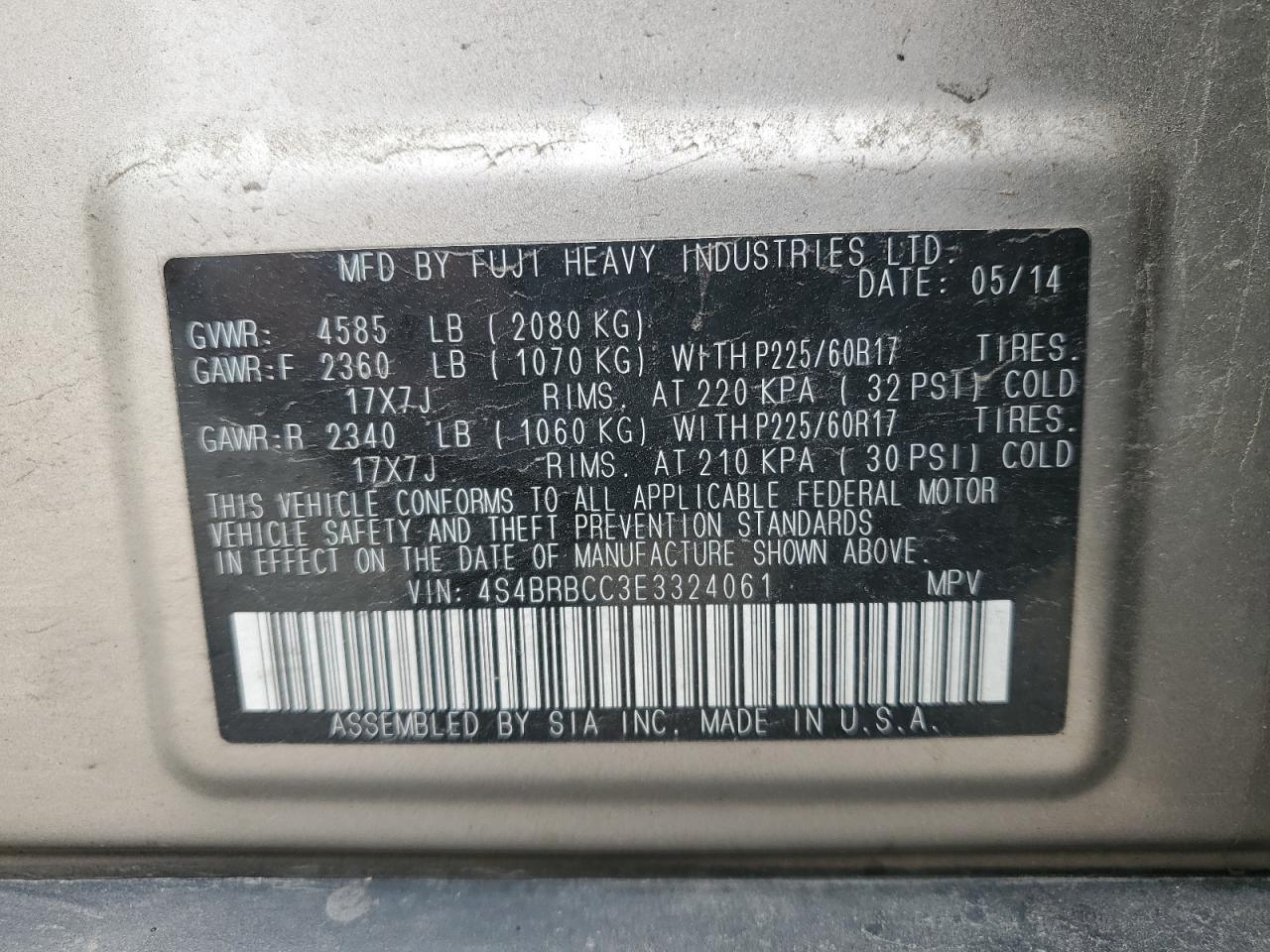 2014 Subaru Outback 2.5I Premium VIN: 4S4BRBCC3E3324061 Lot: 64804845
