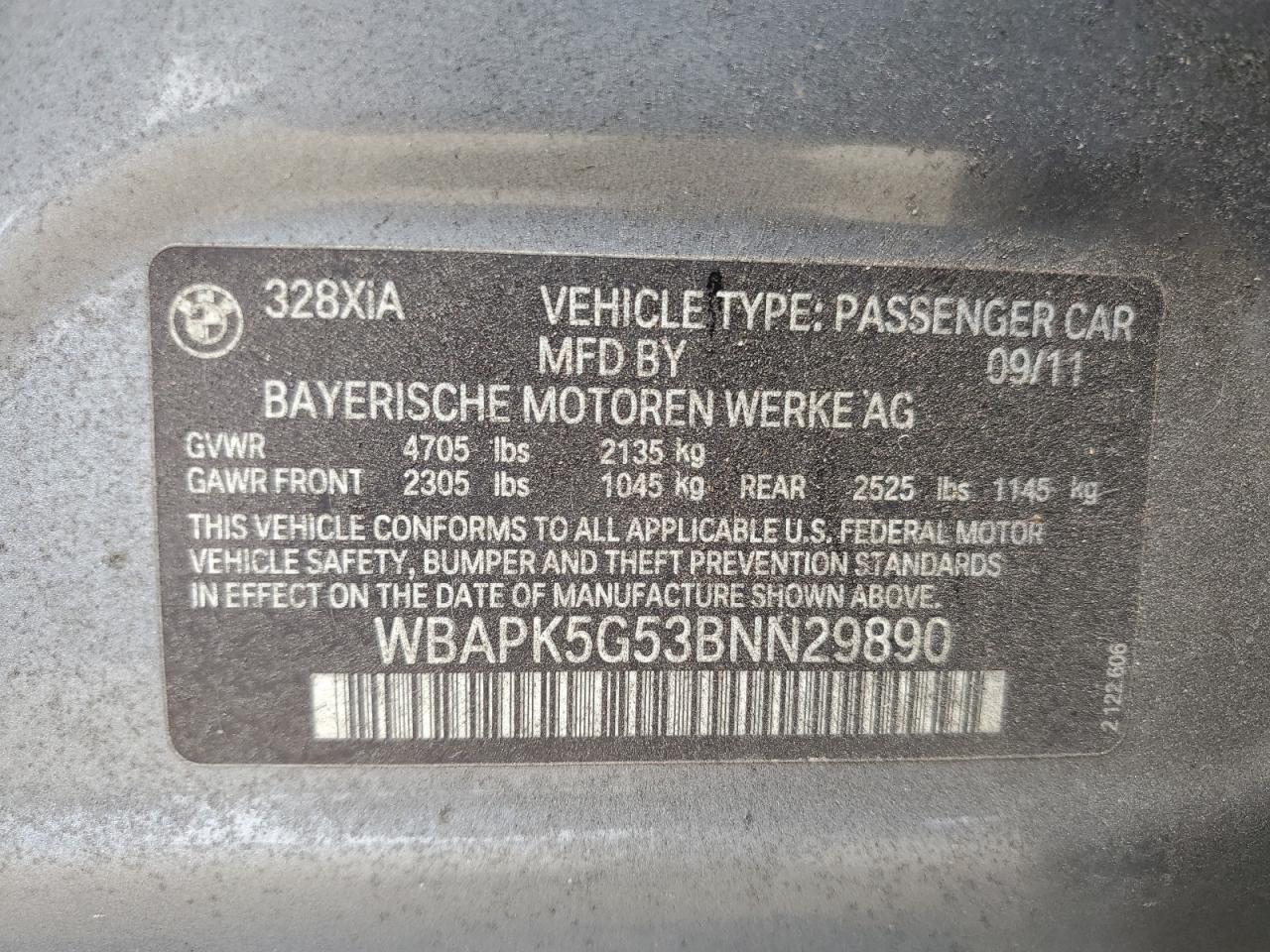 2011 BMW 328 Xi Sulev VIN: WBAPK5G53BNN29890 Lot: 71148995