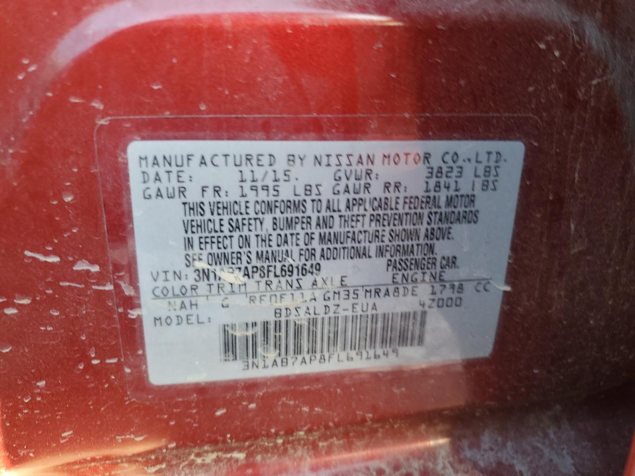 2015 Nissan Sentra S VIN: 3N1AB7AP8FL691649 Lot: 65027885