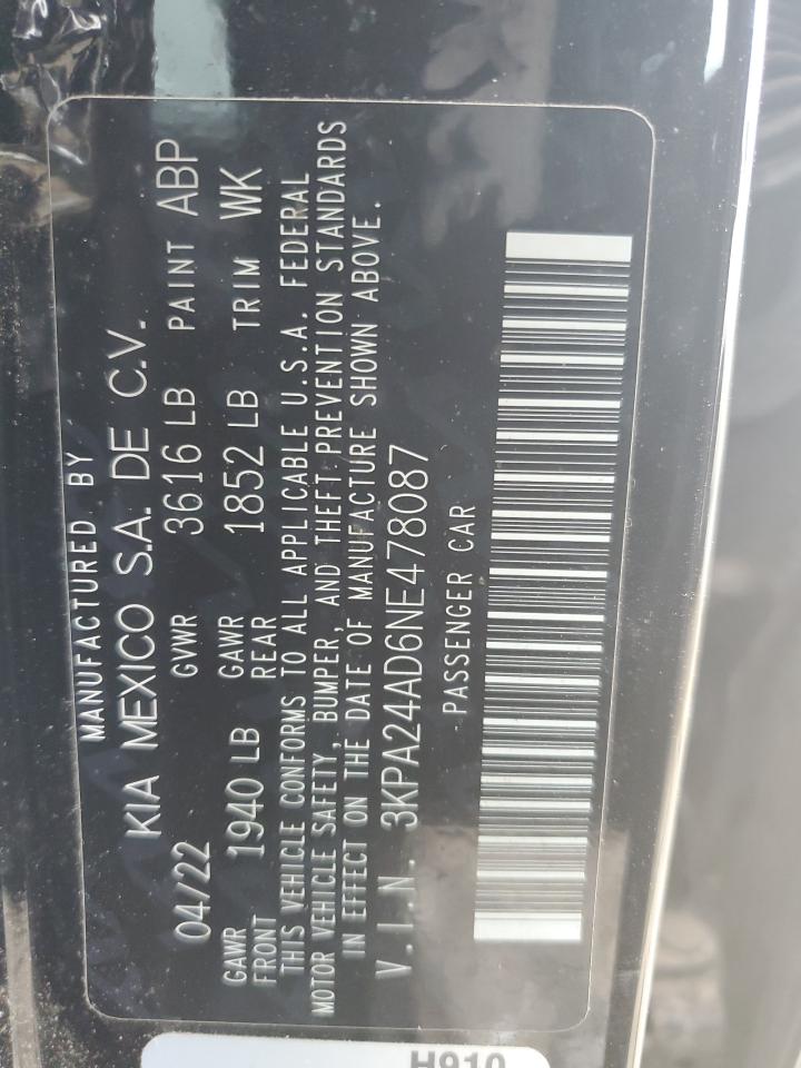 2022 Kia Rio Lx VIN: 3KPA24AD6NE478087 Lot: 63970575