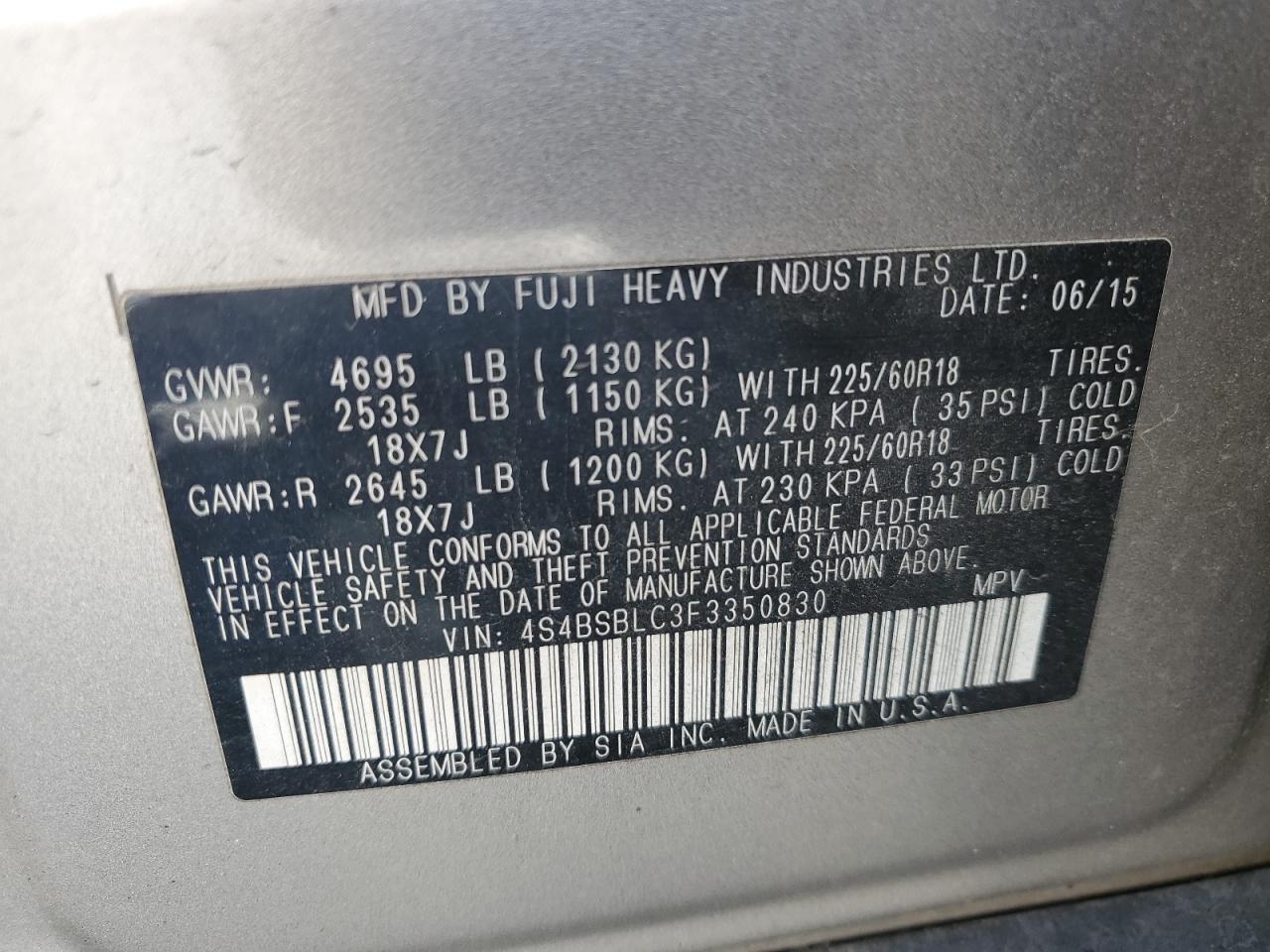 2015 Subaru Outback 2.5I Limited VIN: 4S4BSBLC3F3350830 Lot: 64336625