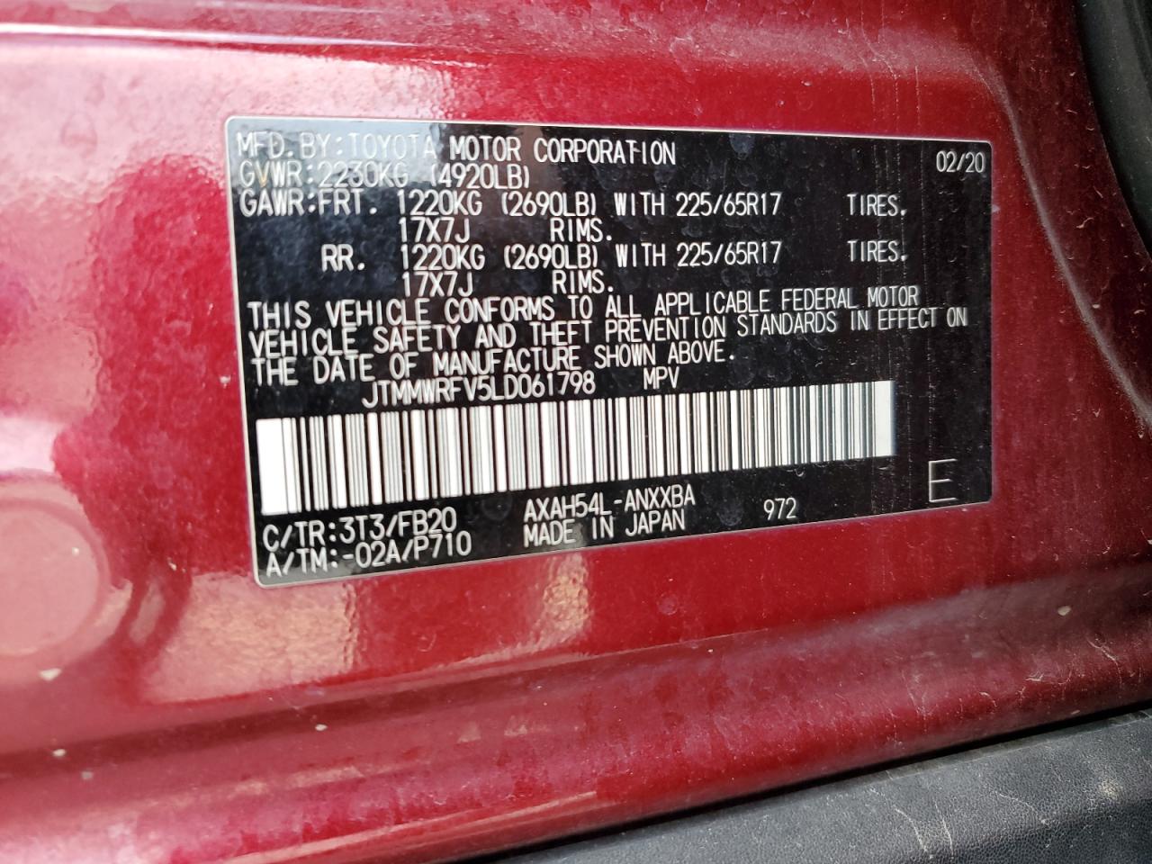 2020 Toyota Rav4 Le VIN: JTMMWRFV5LD061798 Lot: 64257215
