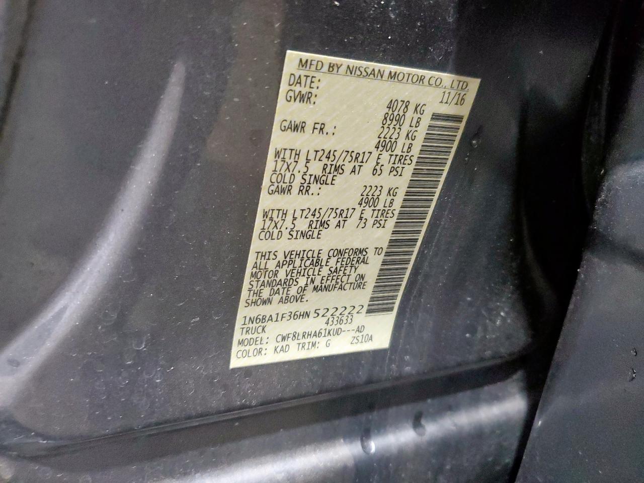 2017 Nissan Titan Xd S VIN: 1N6BA1F36HN522222 Lot: 62943065