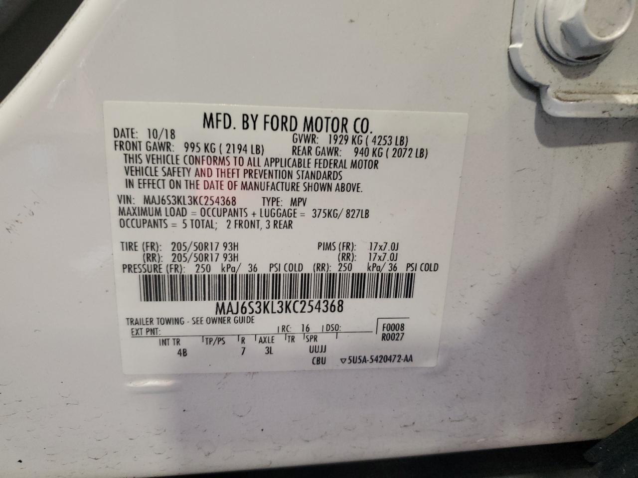 2019 Ford Ecosport Titanium VIN: MAJ6S3KL3KC254368 Lot: 65177005