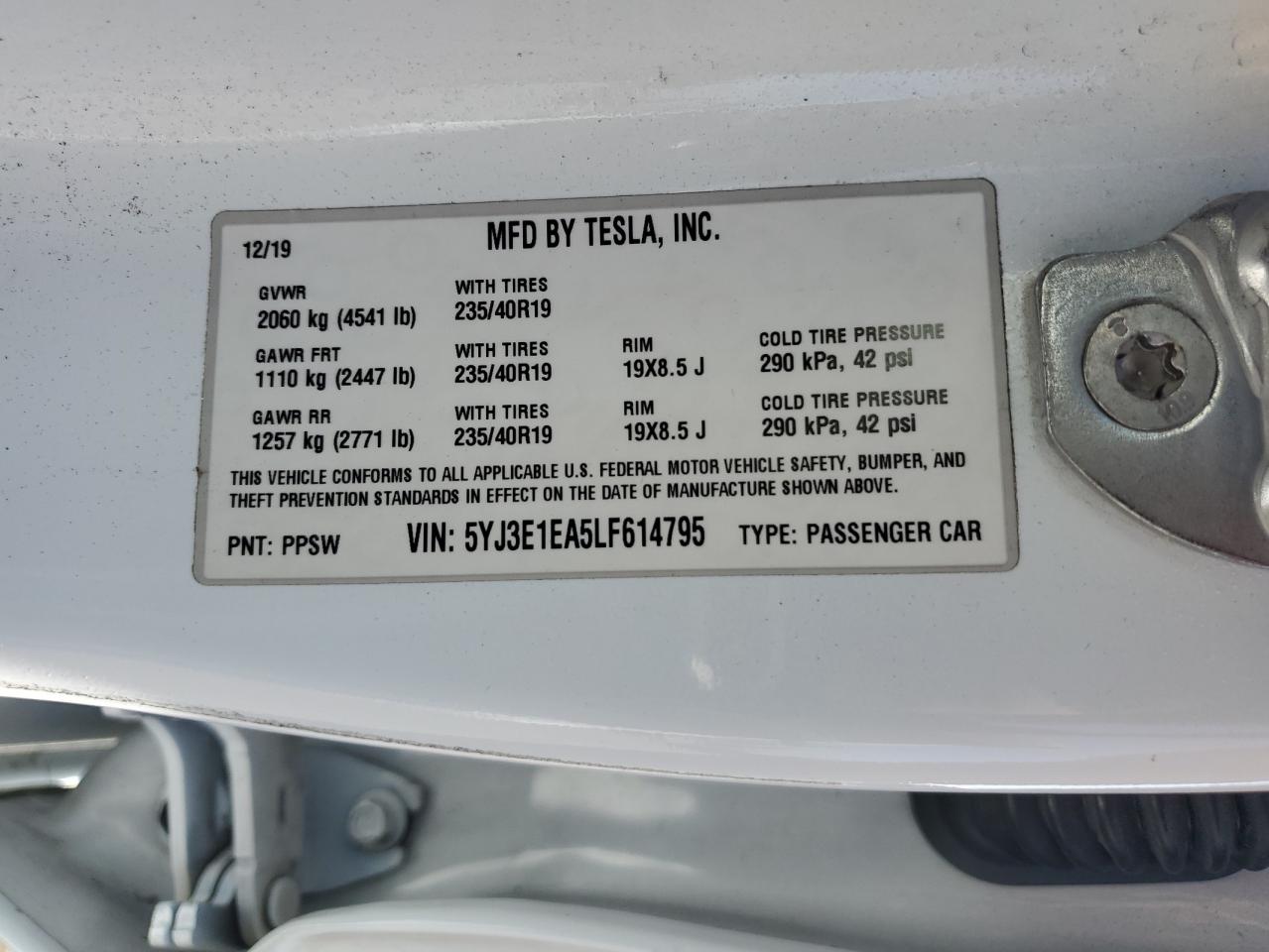 2020 Tesla Model 3 VIN: 5YJ3E1EA5LF614795 Lot: 65796895