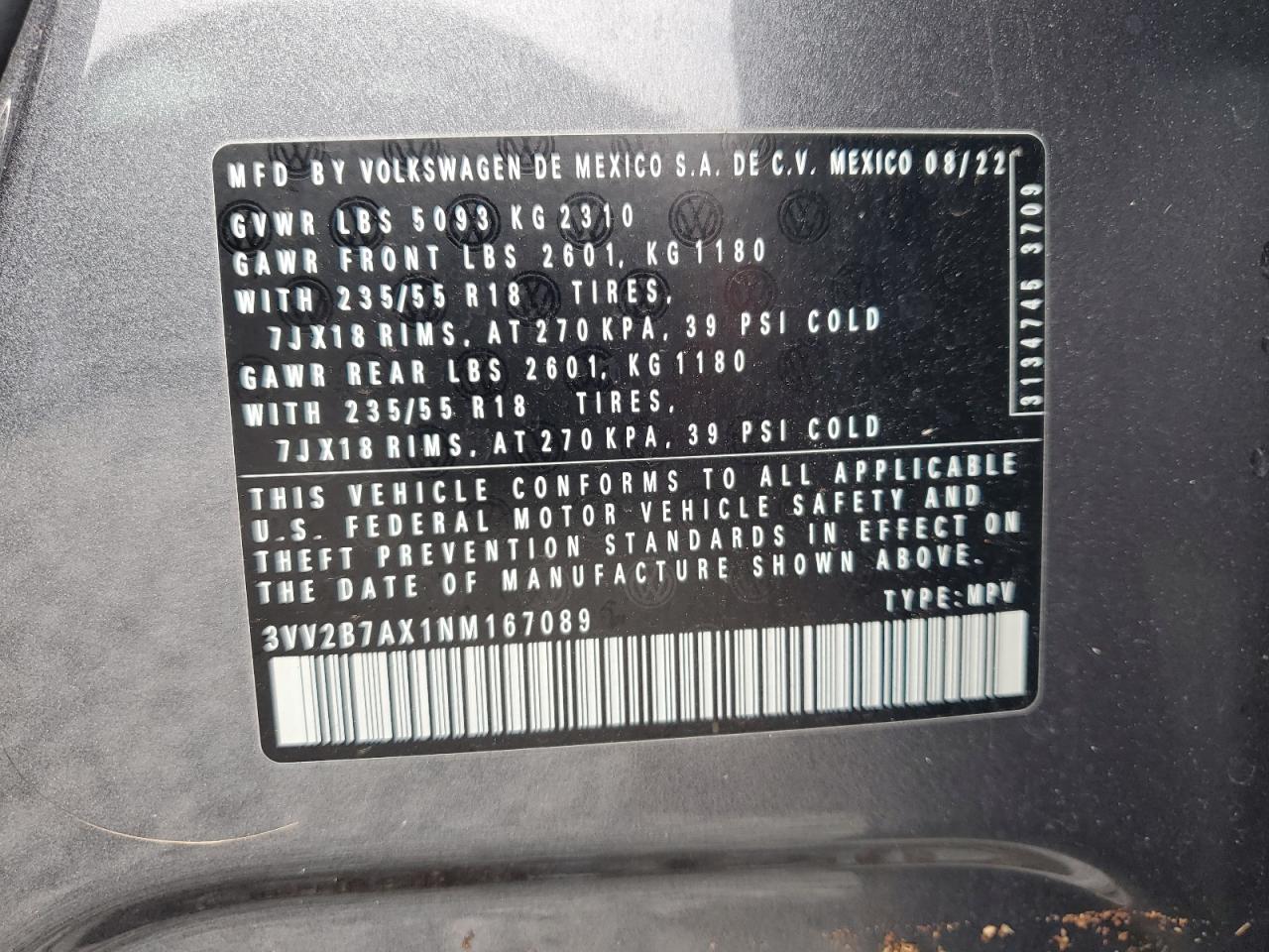 2022 Volkswagen Tiguan Se VIN: 3VV2B7AX1NM167089 Lot: 64605475
