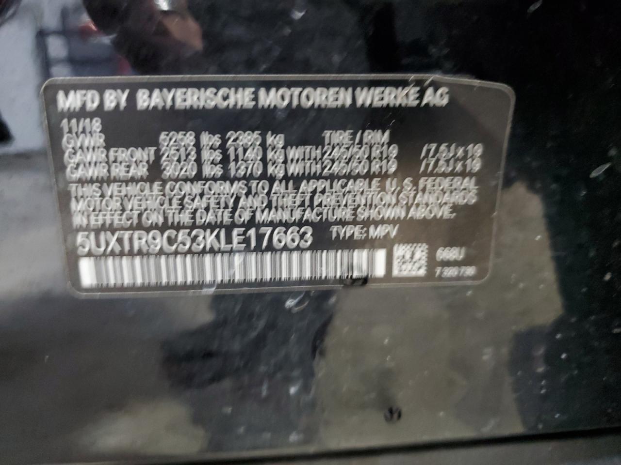 2019 BMW X3 xDrive30I VIN: 5UXTR9C53KLE17663 Lot: 62170145