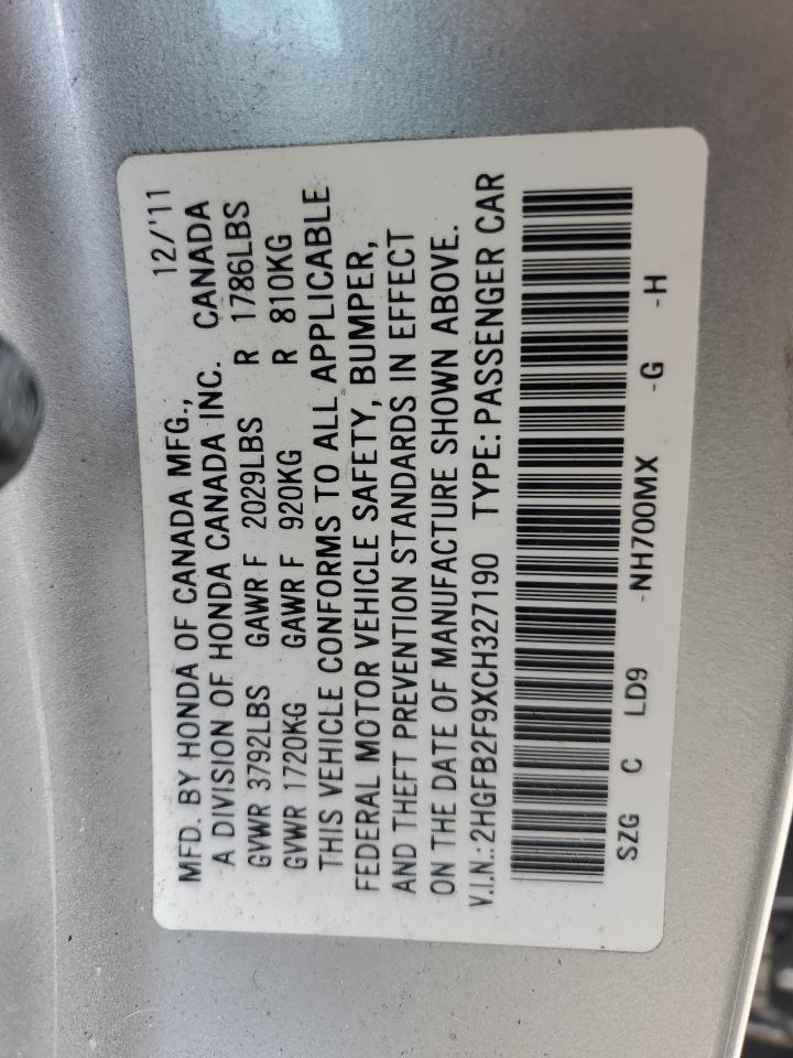 2012 Honda Civic Exl VIN: 2HGFB2F9XCH327190 Lot: 65242785