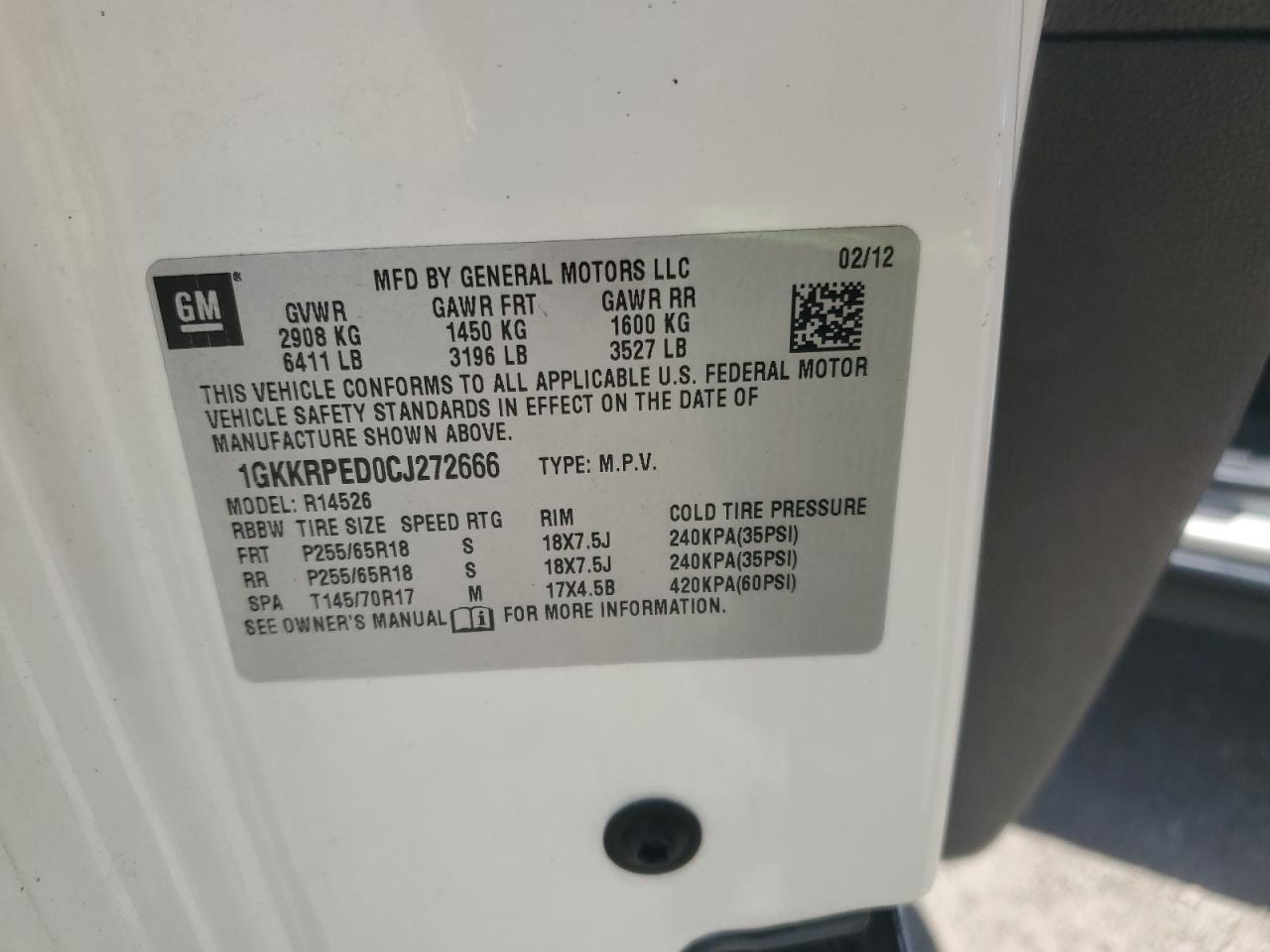 2012 GMC Acadia Sle VIN: 1GKKRPED0CJ272666 Lot: 70726465