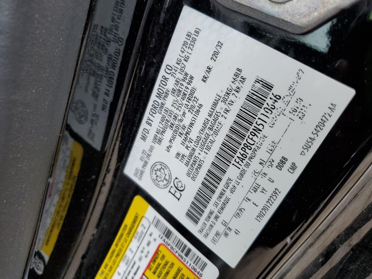 2022 Ford Mustang Gt VIN: 1FA6P8CF9N5110646 Lot: 62827955