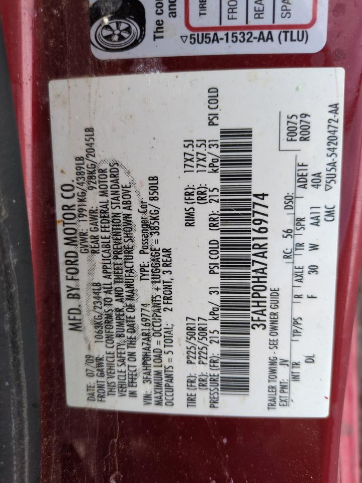 2010 Ford Fusion Se VIN: 3FAHP0HA7AR169774 Lot: 63613285