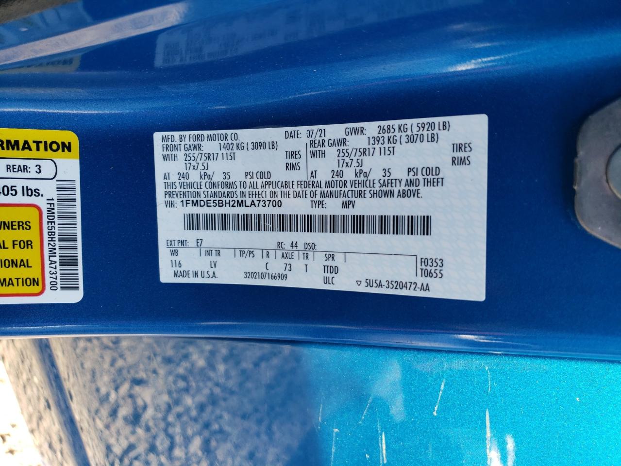 2021 Ford Bronco Base VIN: 1FMDE5BH2MLA73700 Lot: 63024595