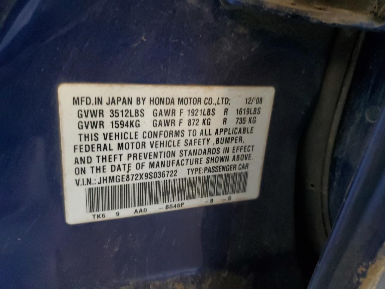 2009 Honda Fit VIN: JHMGE872X9S036722 Lot: 64701315