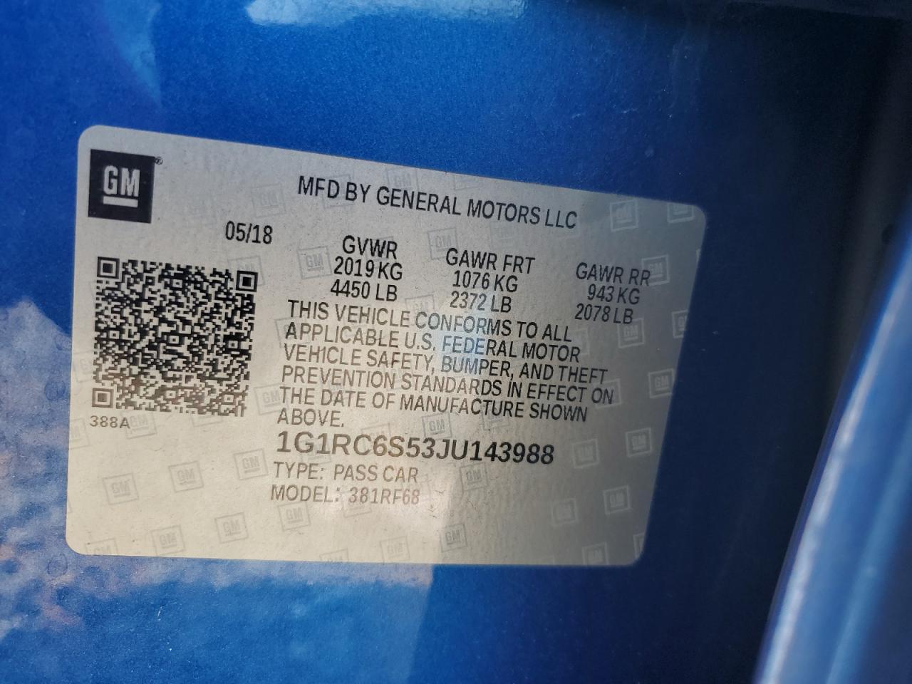 2018 Chevrolet Volt Lt VIN: 1G1RC6S53JU143988 Lot: 63438875