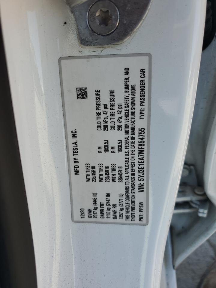 2021 Tesla Model 3 VIN: 5YJ3E1EA7MF854755 Lot: 64124755