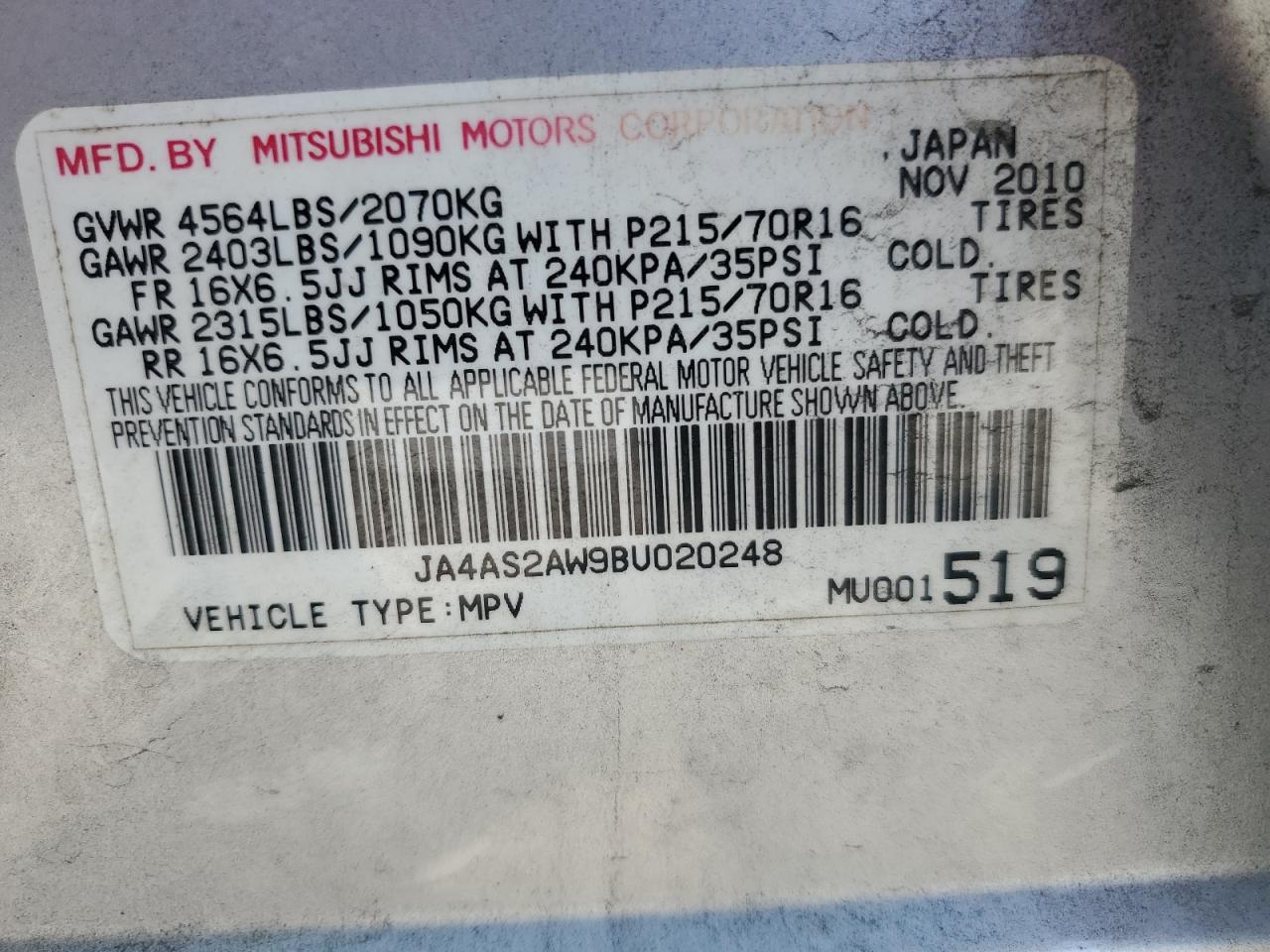 2011 Mitsubishi Outlander Es VIN: JA4AS2AW9BU020248 Lot: 63493025